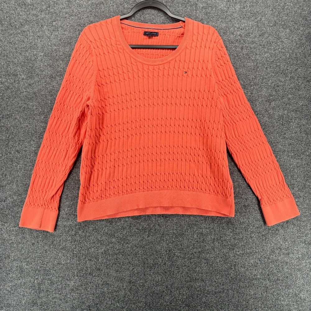 Tommy Hilfiger Sweater Womens XL Orange Pullover Knit Fisherman Classic Preppy